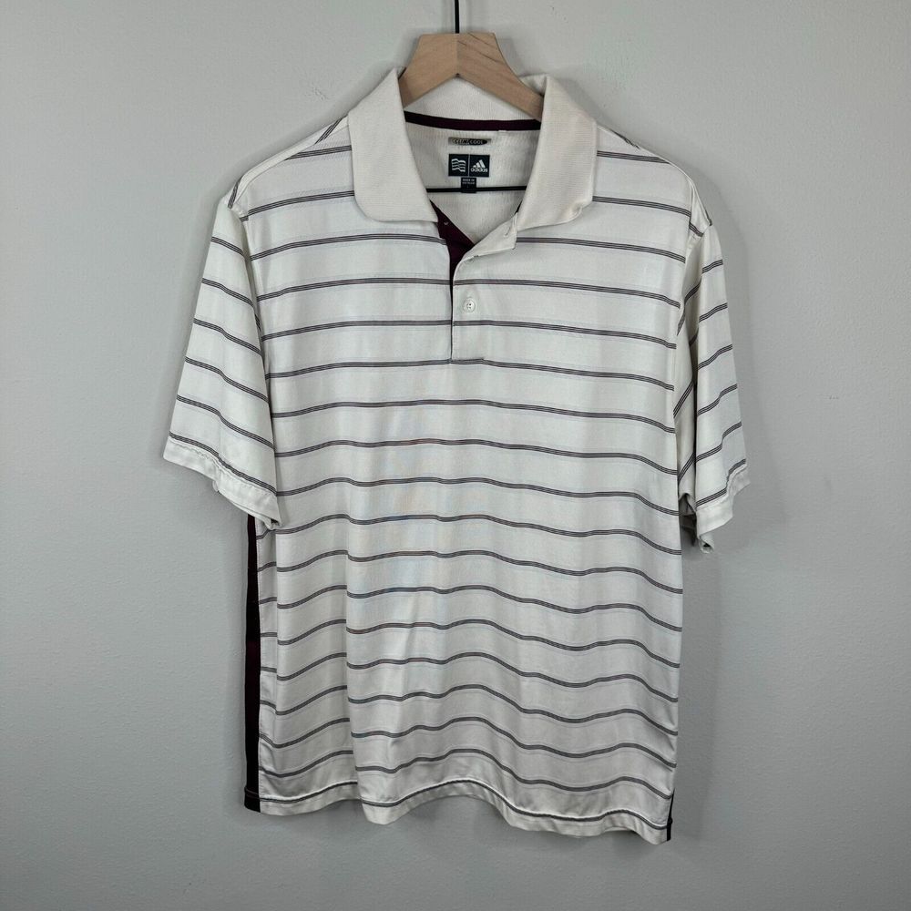 Adidas Golf Polo Shirt Mens Size L White Maroon Striped ClimaCool Short Sleeve